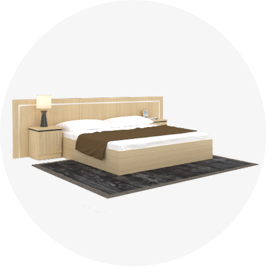 Meble hotelowe - łóżko z kompletem pościeli oraz stolikiem nocnym. Kolorystyka: dąb z białą, ozdobną wstawką.